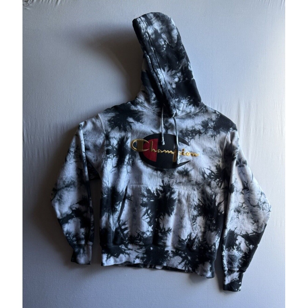 Champion Reverse Weave Hoodie Tie‎ Dye Black White Gold Script Logo Mens Medium